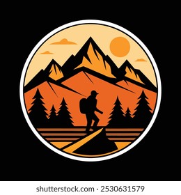 Mountain Hiking Adventure T-Shirts Design Outdoor Exploration Badge Natur und Wildnis Symbol, Vektorgrafik