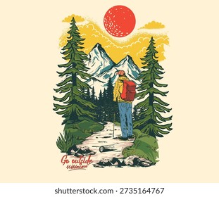 Obra de arte de caminhadas na montanha. Vá lá para fora. Arte de aventura de montanha. Design vetorial de camisa de montanha ao ar livre. Hill explorar arte vintage para vestuário, adesivo, lote, fundo, cartaz e outros.