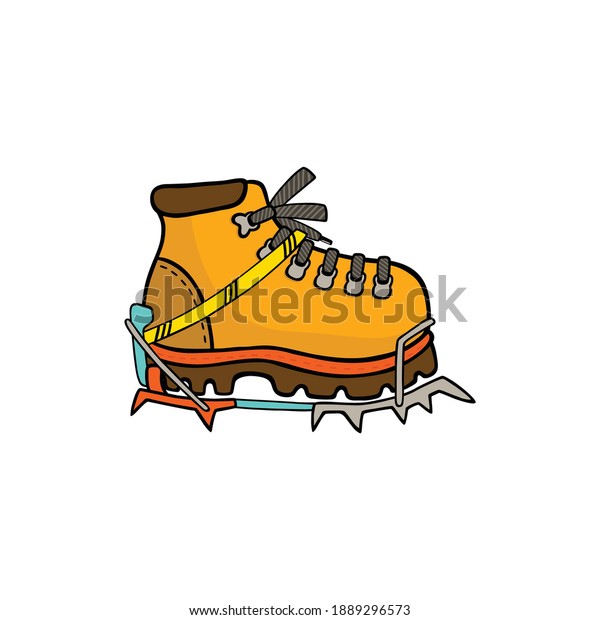 Mountain hiking boots with crampons on white\
background flat vector\
illustration