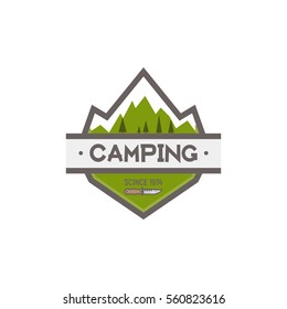 Mountain and hiking camp logotype. Retro style flat illustration