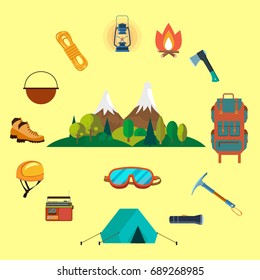 Mountain hiking or camping tourism adventure trip. Outdoor mountaineering equipment and camp tent in forest nature, fire light or map and traveler radio. Set. Vector illustration