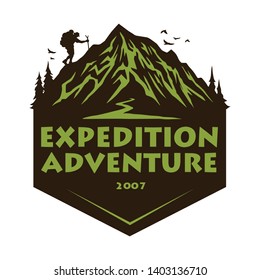 Mountain Hiking Climbing Adventure Logo, Emblems, And Badges. Camp In Forest Vector Illustration Design Elements Template