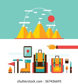Mountain hiking and climbing Camping Travel Recreation Sport design elements Vector illustration