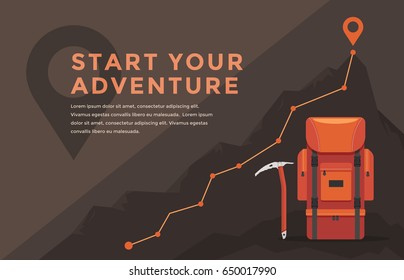 Mountain hiking and climbing Camping Travel. Start your adventure. Sports, adventures in nature, outdoor recreation. Vector illustration.