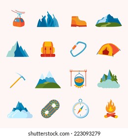 Mountain hiking climbing skiing equipment icons flat set isolated vector illustration