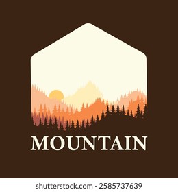 Mountain hiking club logo, Illustration of a misty forest landscape 