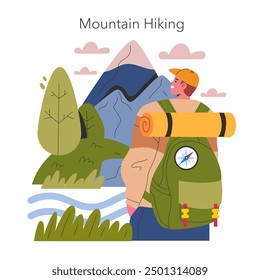 Mountain Hiking concept. Adventurous trekker with a backpack gazes at the peak in nature. Exploring, navigation, and outdoor leisure activity. Vector illustration.