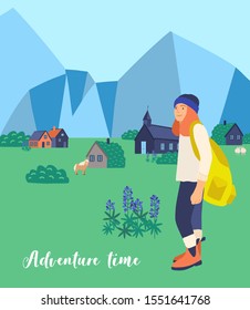 Mountain hiking flat vector illustration. Female tourist cartoon character. Wandering woman. Tour abroad, trip round-the-world, foreign country visiting. Travelling, outing, adventure.