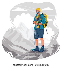 Mountain Hiking Flat Vector Illustration Backpacker Stock Vector ...
