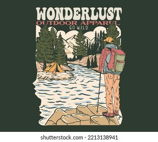 Pintura gráfica de senderismo de montaña para camisetas y otros. Campo salvaje con diseño de huellas de árbol vintage.  Ilustración de Wanderlust diseño gráfico para prendas de vestir, pegatinas, fondo, afiches y otros.