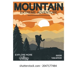 Mountain hiking illustration vector print design. Colorful adventure explore artwork for apparel, poster, sticker and others.  