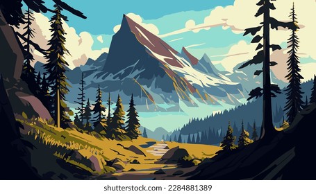 Mountain hiking landscape, vector cartoon art forest. 