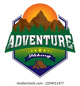 Mountain hiking logo design vector illustration, hiking outdoor adventure . Vector graphic for t shirt, community logo, and other uses