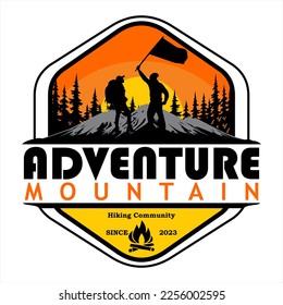 Mountain hiking logo design vector illustration, hiking outdoor adventure . Vector graphic for t shirt, community logo, and other uses