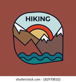 Plantilla de emblema del logo de Mountain Hiking, diseño de etiqueta de aventura. Etiqueta inusual de estilo retro de arte de línea. Etiqueta de viaje vectorial de existencias