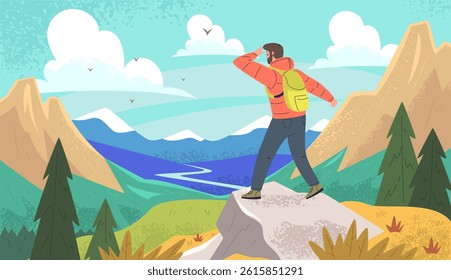Mountain hiking. Man with backpack on top of mountain look landscape explore nature, climbing adventure hiker journey tourist outdoor recreation concept, classy vector illustration original artwork