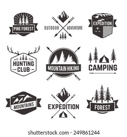 Mountain hiking outdoor adventure travel agencies tourism graphic symbols emblems labels  collection black abstract isolated vector illustration