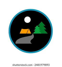 Mountain hiking sticker with a path through the forest and a tent - Vector