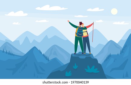 Mountain hiking. Tourists standing on top of hill. Hiking and climbing activity, outdoor recreation. Landscape with mountains vector illustration. Happy couple feeling freedom, exploration