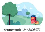 Mountain hiking trail and gears vector illustration. Backpack, boots on pathway. Mountains and trees on background. Hiking, travelling, adventure concept