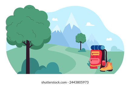 Camino de montaña y engranajes ilustración vectorial. Mochila, botas en camino. Montañas y árboles en el fondo. Senderismo, viajes, concepto de aventura