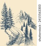 Mountain hiking trail, pine trees forest, alpine landscape vector hand drawing