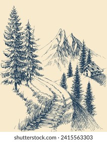 Mountain hiking trail, pine trees forest, alpine landscape vector hand drawing