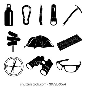 Mountain (hiking, trekking, climbing and camping) icon vector set