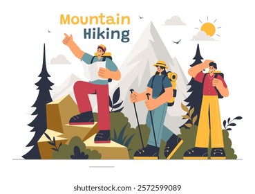 Mountain Hiking Vector Illustration featuring People with Backpacks and Walking Poles Trekking on a Trail in a Peaceful Mountain Landscape