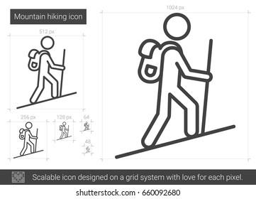 Mountain hiking vector line icon isolated on white background. Mountain hiking line icon for infographic, website or app. Scalable icon designed on a grid system.