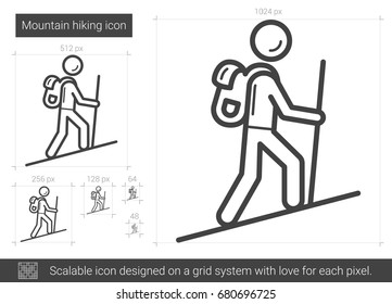 Bergwanderung, Vektorsymbol einzeln auf weißem Hintergrund. Mountain Wanderlinie Icon für Infografik, Website oder App. Skalierbares Symbol, das auf einem Gittersystem entworfen wurde.