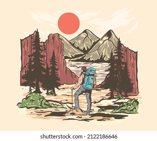 Mountain hiking vector print design for t shirt, sticker and others. Wild tree colorful artwork design.