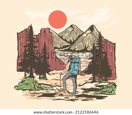 Mountain hiking vector print design for t shirt, sticker and others. Wild tree colorful artwork design.