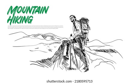 Mountain hiking.Speed drawing, Vector Illustration. 