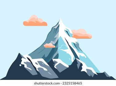 mountain hill flat illustration, snowy and cliff peak