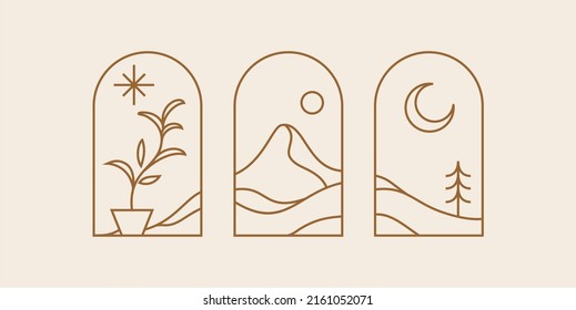 mountain hill landscape Bohemian line illustration logo art, icons and symbols, sun and moon, tropical plant arch window design geometric abstract design elements for decoration.