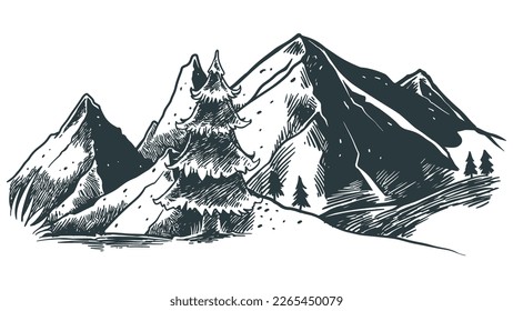 Bergregion Handgezeichnete Vektorgrafik, Skizze naturbelassene Vintage Stil Handgezeichnet Felsspitzen Schwarz-Weiß.