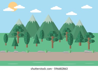 mountain hill landscape with jungle and sun , white cloud on the blue sky.vector and illustration