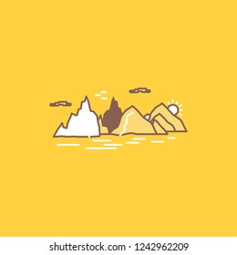 Mountain, hill, landscape, nature, cliff Flat Line Filled Icon. Beautiful Logo button over yellow background for UI and UX, website or mobile application