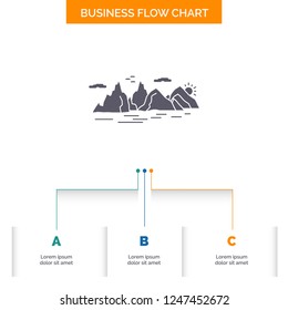 Mountain, hill, landscape, nature, cliff Business Flow Chart Design with 3 Steps. Glyph Icon For Presentation Background Template Place for text.