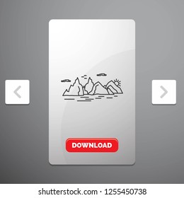 Mountain, hill, landscape, nature, cliff Line Icon in Carousal Pagination Slider Design & Red Download Button