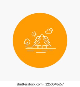 Mountain, hill, landscape, nature, clouds White Line Icon in Circle background. vector icon illustration