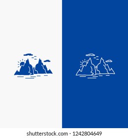 Mountain, hill, landscape, nature, sun Line and Glyph web Button in Blue color Vertical Banner for UI and UX, website or mobile application