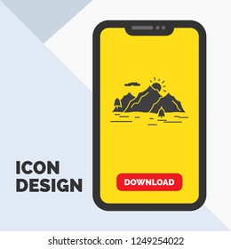 Mountain, hill, landscape, nature, tree Glyph Icon in Mobile for Download Page. Yellow Background