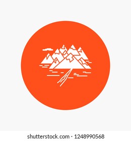 , Mountain, hill, landscape, rocks, crack White Glyph Icon in Circle. Vector Button illustration