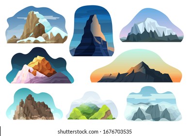 Mountain hill landscape vector illustration set. Cartoon flat nature high rock, hillside, multicolored rocky peak with clouds collection. Extreme snowy mountainous scenery icons isolated on white