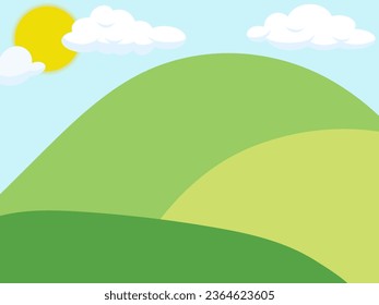 Mountain hill landscape vector illustration. Cartoon flat panorama of spring summer, green grasslands, blue skies and mountains