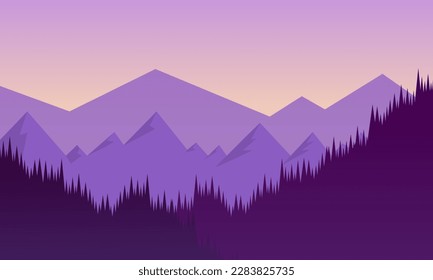 mountain or Hill landscapes in a flat style. Natural wallpapers. Sunrise, misty terrain with slopes, Clear sky vector illustration