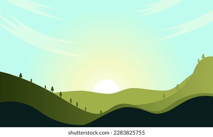 mountain or Hill landscapes in a flat style. Natural wallpapers. Sunrise, misty terrain with slopes, Clear sky vector illustration