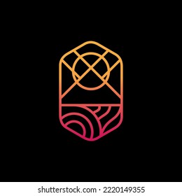 mountain and hill line art logo vector illustration design. adventure outline symbol.